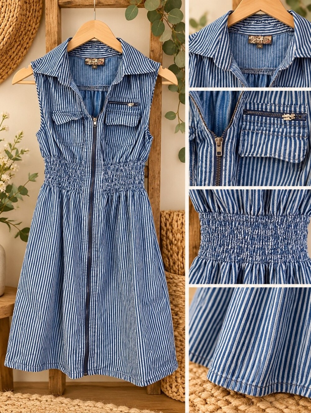 J. Gee Blue and White Striped Sleeveless Shirt Dress with Front Zip Sz PS